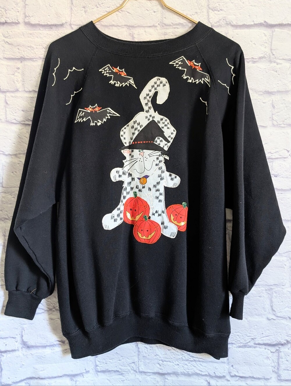 Vintage Handmade Halloween Puff Paint Sweatshirt 2X Black Orange Cat Witch 90s